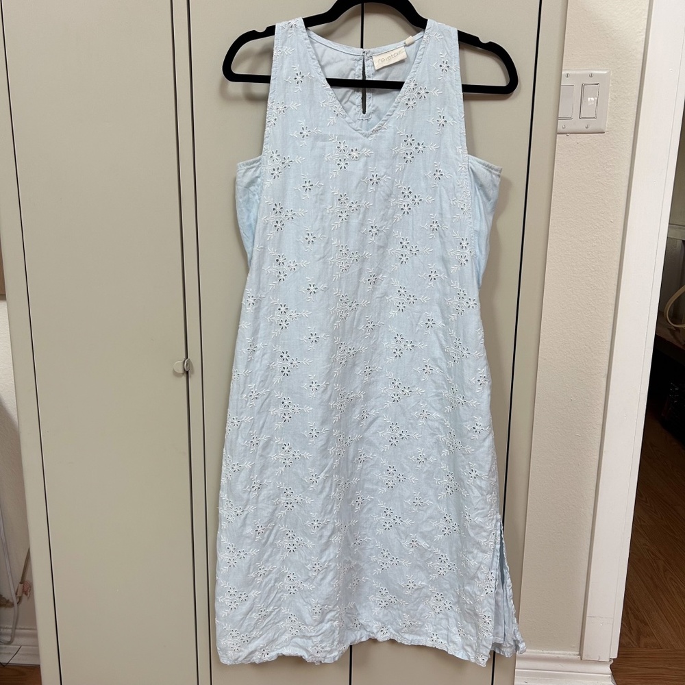 Reistor Hemp Light Blue Eyelet Midi Dress Size M Reading Tea Leaves Sleeveless